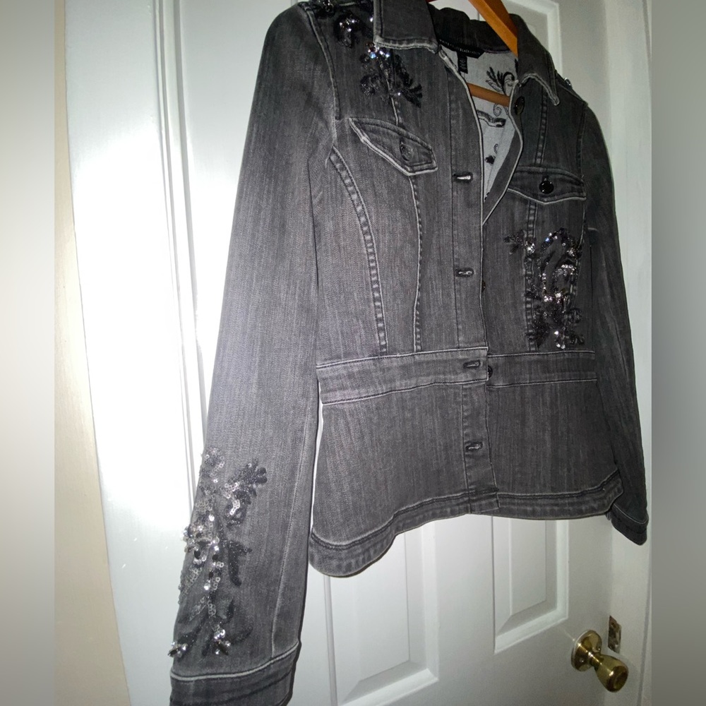White House Black Market Embellished Black Denim Jacket- BEAUTIFUL